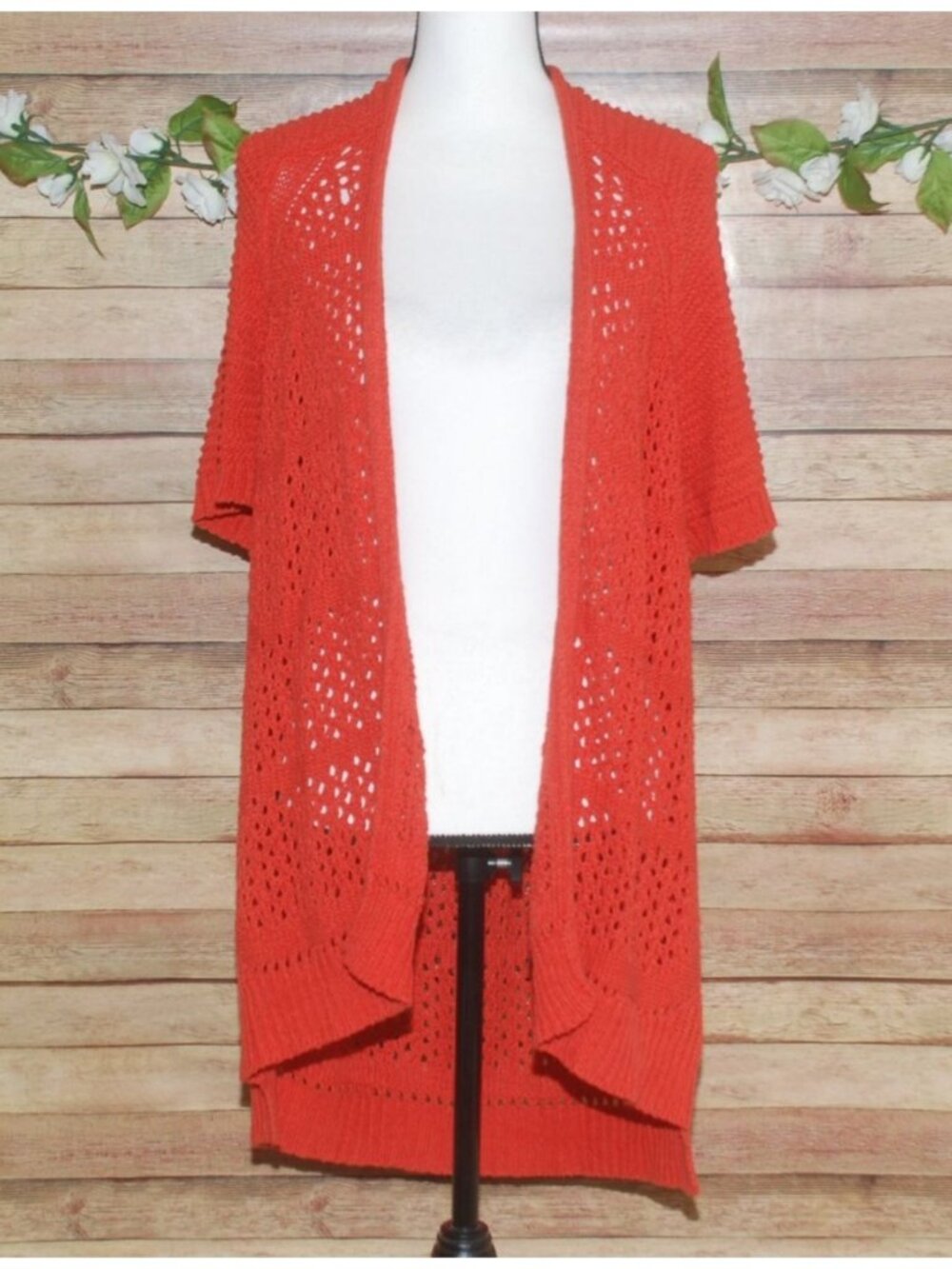 GUINEVERE Anthropologie Dark Coral Open Front Knit Cardigan Sweater Size M Boho